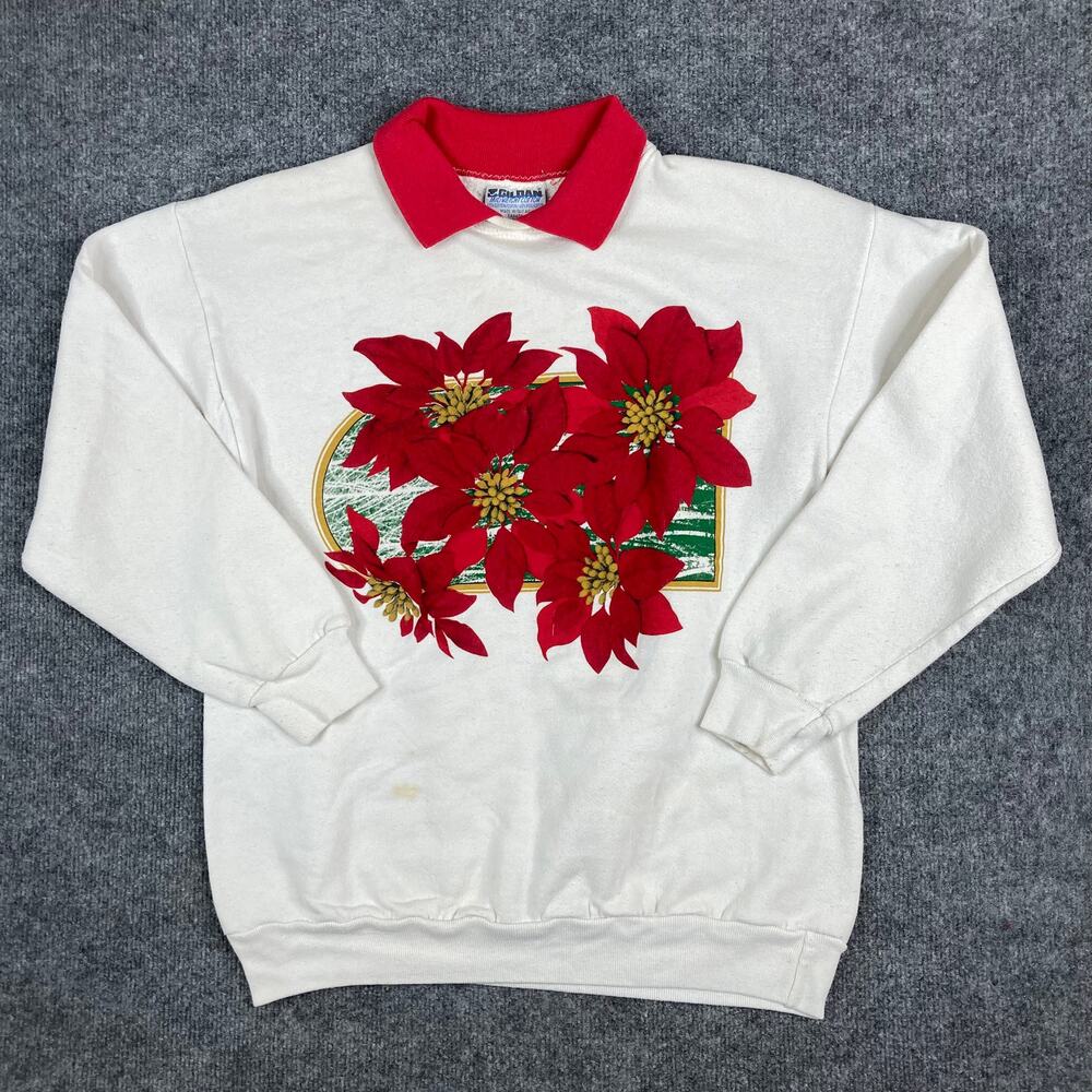 Gildan Sweatshirt Womens Medium White Red Poinsettia Floral Christmas Top